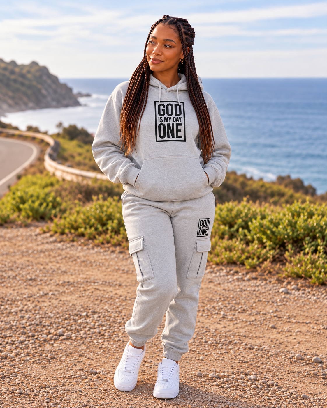 God Is My Day One Gray Christian Tracksuit Set | Embroidered
