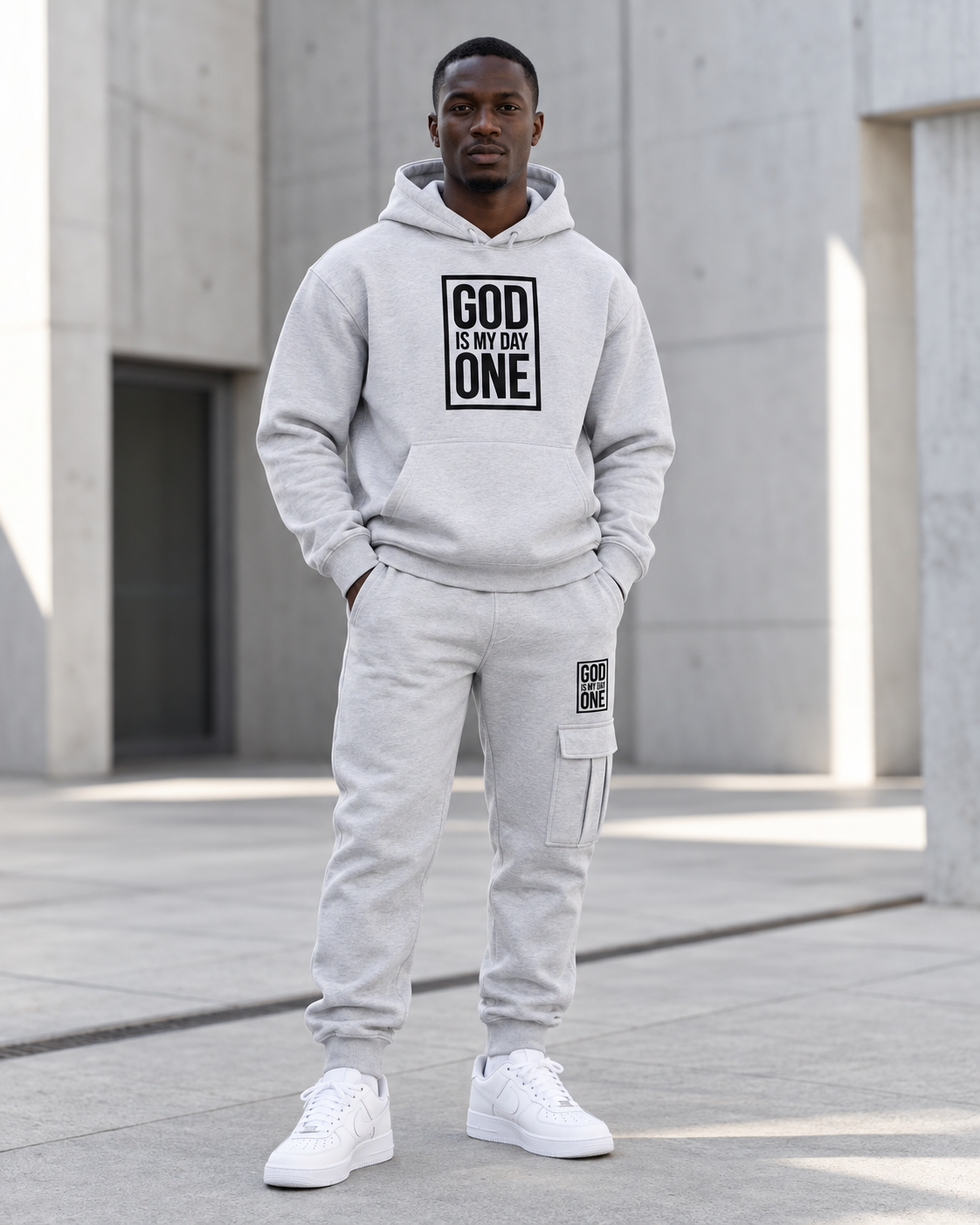 God Is My Day One Gray Christian Tracksuit Set | Embroidered