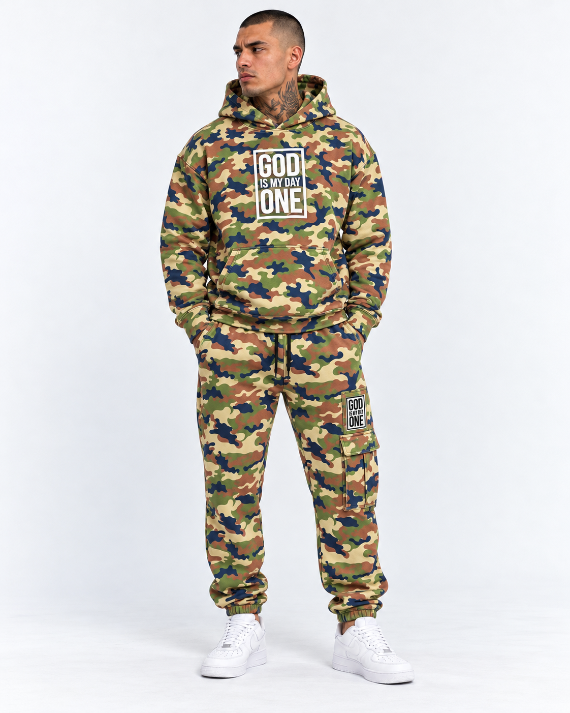 God Is My Day One Camouflage Christian Tracksuit Set | Embroidered