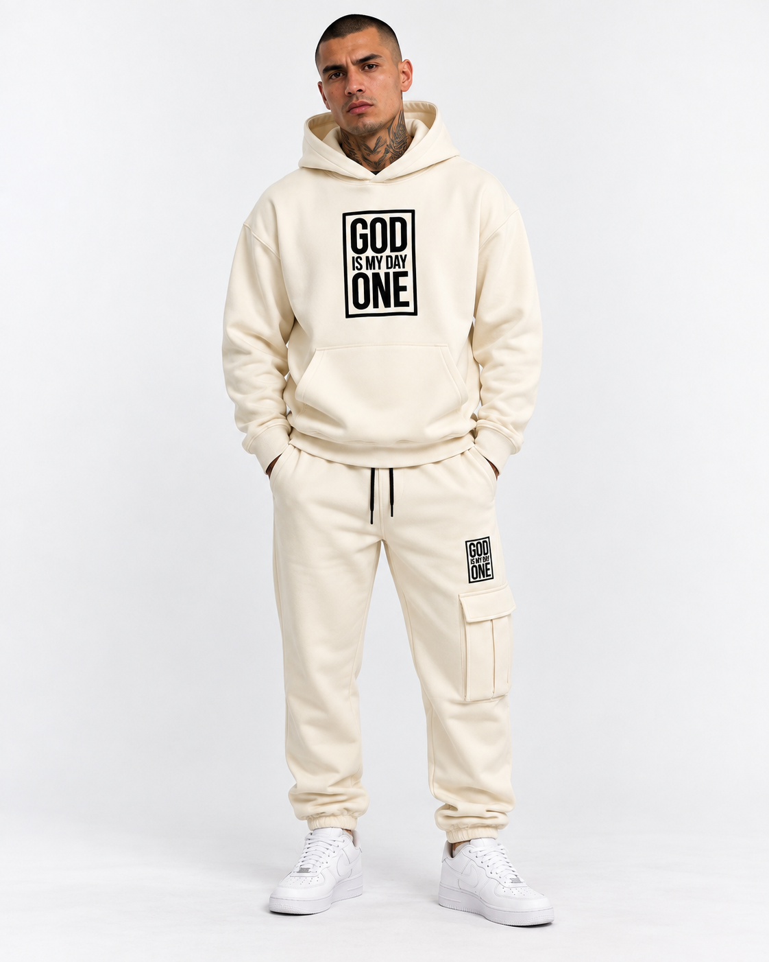 God Is My Day One Cream Christian Tracksuit Set | Embroidered