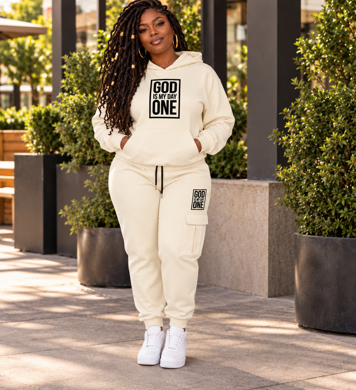 God Is My Day One Cream Christian Tracksuit Set | Embroidered